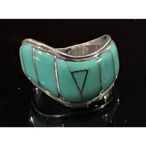 Vintage Navajo ML Signed 925 Sterling Blue Turquoise Inlay Ring 7.5